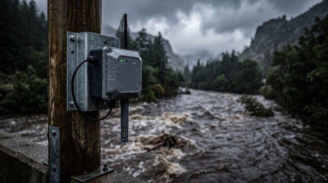 Weathered river monitoring sensor mounted on a wooden post beside turbulent swollen water in a rugged forested mountain valley. Climate risk, flash flood and extreme weather concept