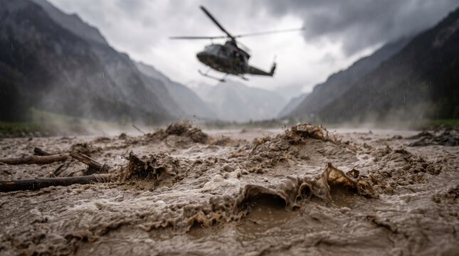 Rescue helicopter flying above turbulent muddy floodwater carrying branches through a steep mountain valley, dramatic aerial disaster landscape. Disaster response, flash flood, extreme weather concept