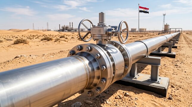 Large metal oil pipeline with flanged valve and hand wheels crossing sandy desert terrain, industrial infrastructure and Egyptian flag in background. Energy security and global supply risk concept
