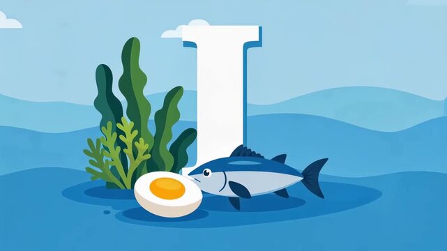 Animated underwater scene with a tuna swimming near a halved boiled egg and seaweed beside a large white letter i