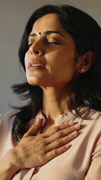 Vertical video: Putting hand on chest, woman calming breath home with pale-pink blouse bindi pearls