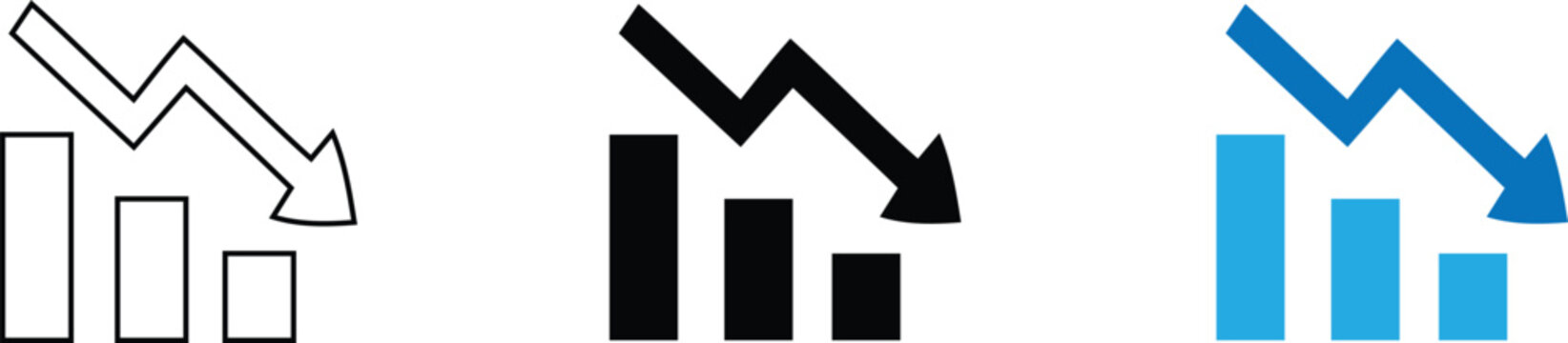 Financial crisis bar chart icons with downward arrow, falling market trend graph set, economic recession and stock loss vector symbols on transparent background