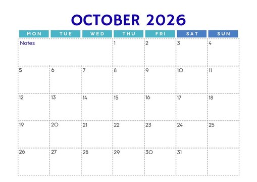 October 2026 Calendar Page - Clean White Grid with Blue Headers and Title