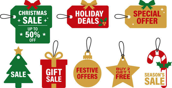 Holiday retail sale tags with festive christmas elements for seasonal gift shopping.