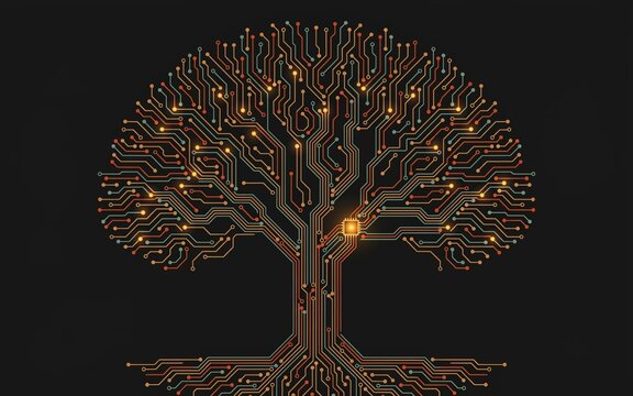 Stylized tree formed by glowing orange circuit board lines