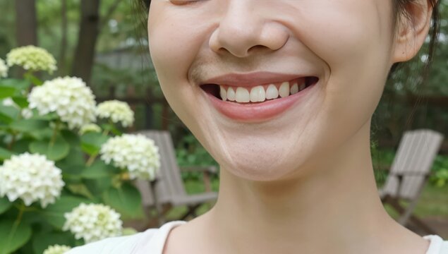 Close up portrait of a happy smiling young Asian woman enjoying a sunny day in a lush green garden with beautiful white hydrangea flowers in the background
