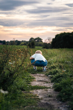 Little boy crouching on a dirt path in a field, rear view