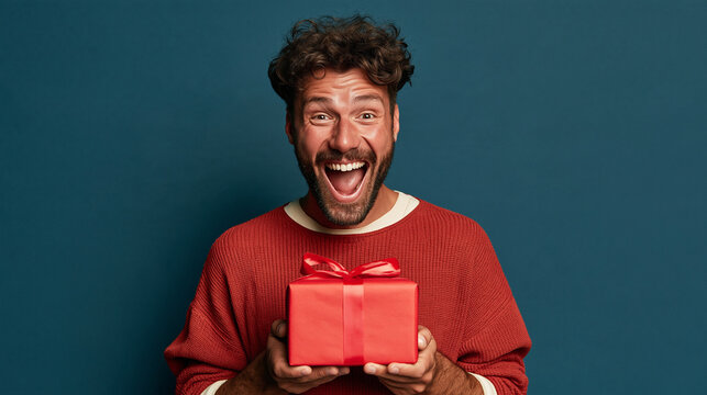 Excited man with curly hair holds a red gift box against a blue background.