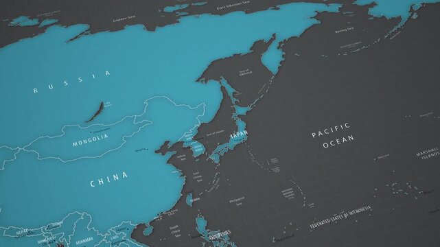 Animated political map showing Russia in Europe and Asia with smooth camera movement. Detailed view with national borders, neighboring countries, cities, seas and geographic features.