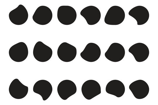 Various shapes of irregular blobs. Black organic blob shapes set, irregular amorphous amoeba fluid silhouette collection, abstract rounded spot, flat vector design elements.