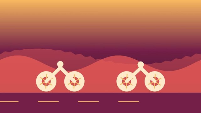 Minimalist bicycle animation on desert road, stylized cycling motion graphic, retro sunset landscape with rolling hills and flat vector art