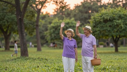 Obraz premium Happy Senior Asian Couple Waving Hands and Smiling Together in a Lush Green Public Park During Golden Hour Sunset for Healthy Retirement Lifestyle and Wellness Concept