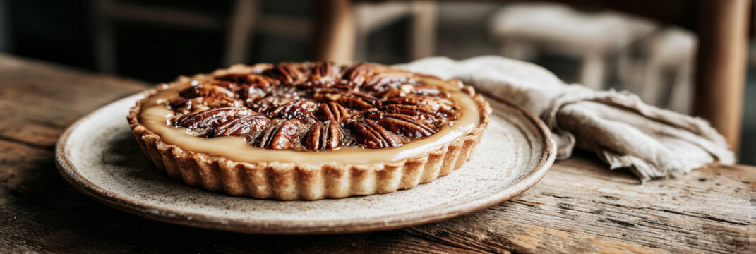 An open pie filled with dates and pecans sits on a rustic table. Some sliced pieces are visible, and the light highlights the textures of the pie crust and filling