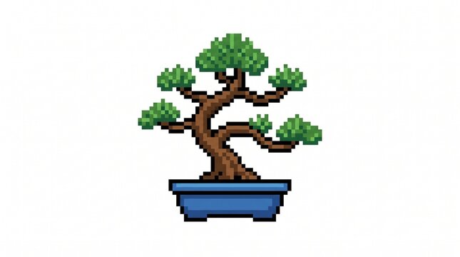 8-bit pixel art of a miniature pine bonsai tree in a ceramic pot game asset isolated on white.
