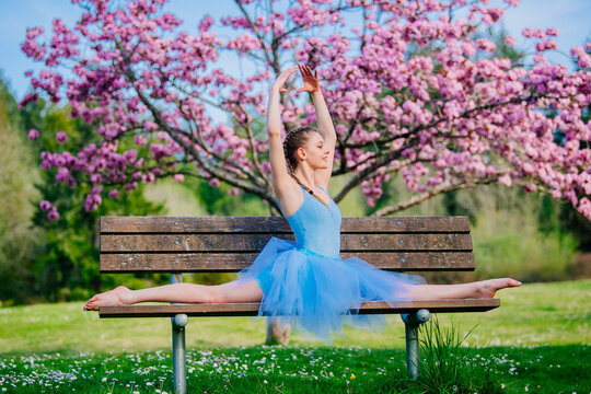 Ballet white dancer performing a split on a bench under cherry