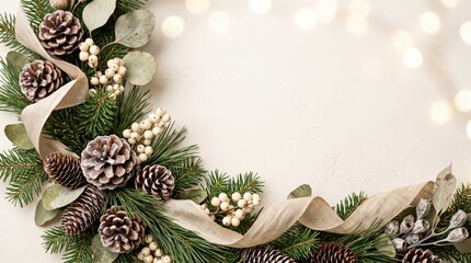 Fototapeta premium Christmas wreath border frame with fir branches, pine cones, berries, and ribbon on white background with copy space, with copy space