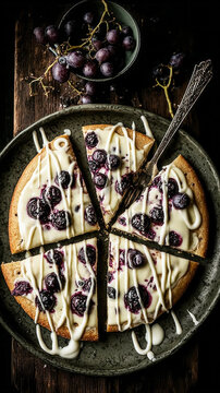 A round pie filled with blueberries and topped with a vanilla drizzle sits on a dark wooden table alongside a small jug of cream. A fork rests nearby