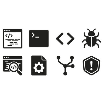Software development icon set with code, terminal, bug, git branch and settings, black glyph vector illustration isolated on white background