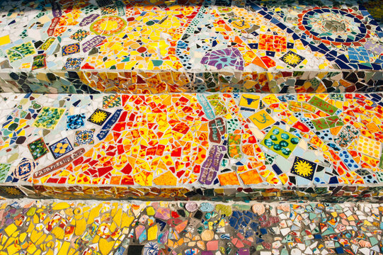 Colorful mosaic staircase decorated with vibrant ceramic tiles
