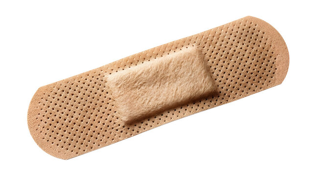 A single flesh-colored adhesive bandage with a perforated breathable strip and a fuzzy central absorbent pad, positioned diagonally across the frame and isolated on a clean transparent background