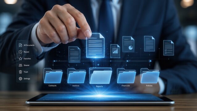Businessman managing digital documents and folders using cloud file system on tablet in modern office