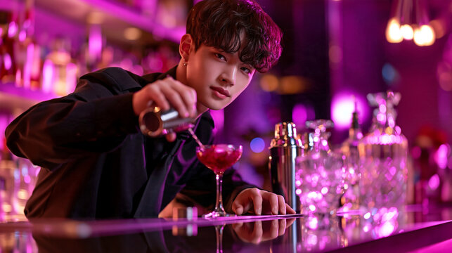 Stylish young bartender pours vivid pink cocktail into glass at neon lit bar. Dramatic magenta lighting, premium nightlife beverage campaign portrait.