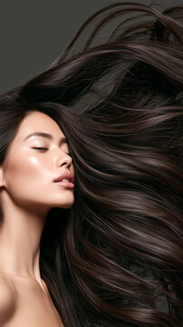 Woman in profile with long dark hair flowing dramatically diagonally, glossy healthy haircare editorial portrait with dramatic rim lighting.