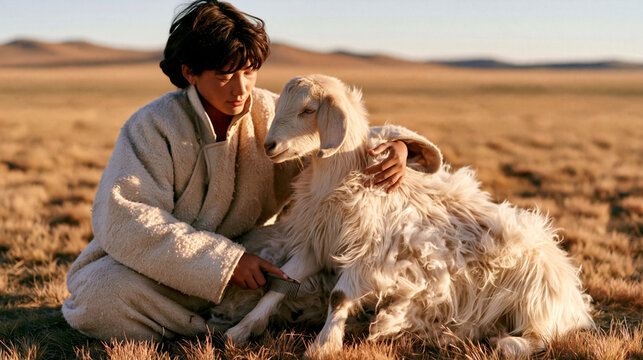 Herder in traditional wool deel gently combs soft cashmere from a calm goat on the golden Mongolian steppe, capturing authentic nomadic tradition.