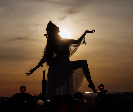 Silhouette of white woman with crown posing on tractor