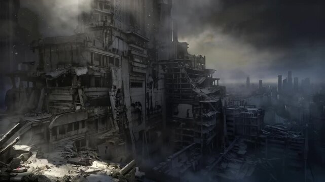 Ruined Cityscape with Crumbling Skyscrapers and Debris under Stormy Sky Cinematic Post-Apocalyptic Background