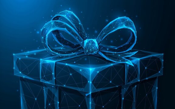 Low poly digital of a gift box with a bow, blue glowing wireframe