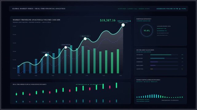 Motion graphic animation of financial data analysis graphs charts showing growth and statistics on a dark digital interface