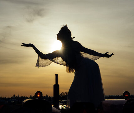 Silhouette of white woman wearing crown posing at sunset outdoors