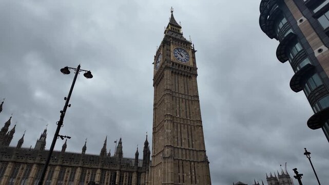 Big Ben clock tower dynamic handheld shot on cloudy day in Westminster London