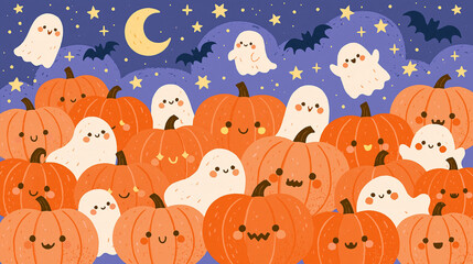 Obraz premium かわいいハロウィンの背景（カボチャとお化け）