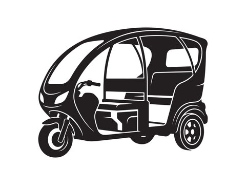 Three-wheeled passenger auto rickshaw or tuk vehicle silhouette vector with rickshaw