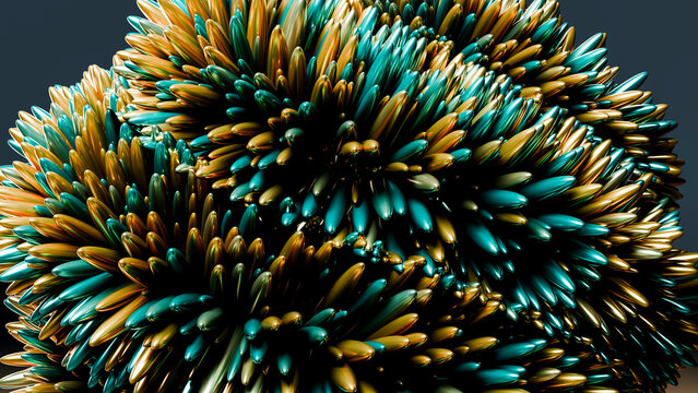 Abstract 3d metallic sculpture with blue and gold spiky shapes