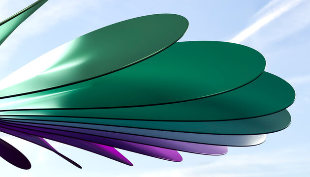 Abstract metal sculpture with large colored petals in outdoor setting