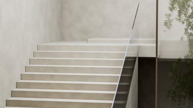 Minimalist modern staircase with white steps and glass railing