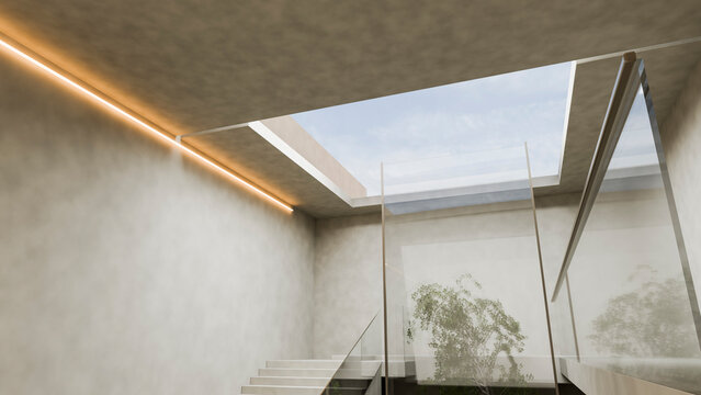 Modern indoor staircase with glass railing and skylight