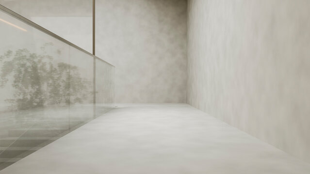 Empty modern corridor with glass railing and concrete walls