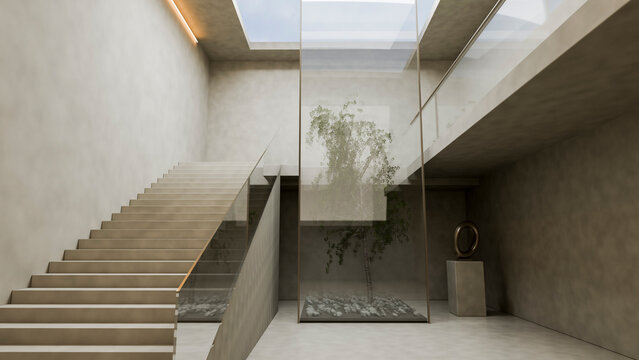 Modern minimalist interior with concrete staircase and indoor tree