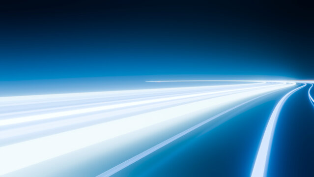 Curving light trails on highway at night showing motion and speed