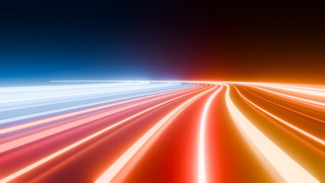 Abstract curved light trails in blue and red on dark background