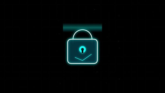 Glowing Cyan Neon Cyber Security Lock Icon Motion Graphic Loop