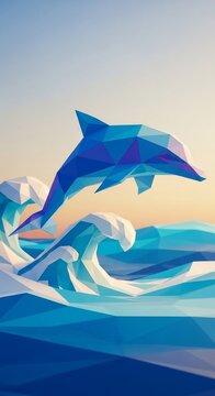 Low Poly Dolphin Jumping from Ocean Waves Digital Art