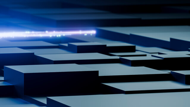 Computer hardware components with blue light in technology environment