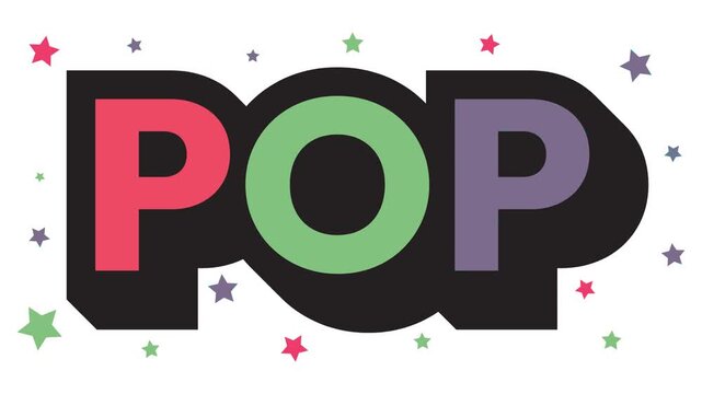 Motion graphic of the word POP in colorful, flashing text, accompanied by colorful stars