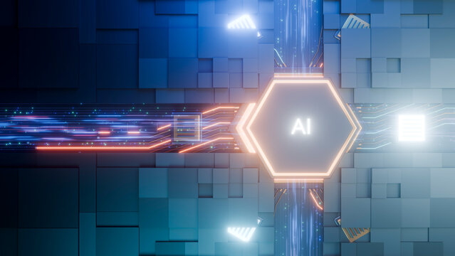 Ai technology with glowing hexagonal digital circuit interface
