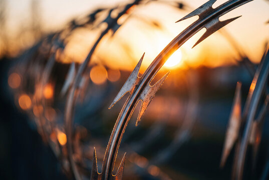 Barbed razor wire fence barrier at sunset for border security, prison perimeter protection.